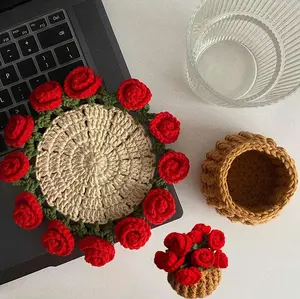 Rose coasters - handmade crochet rose coasters with flower baskets - mini rose blanket bouquets - suitable for home decoration and holiday gifts