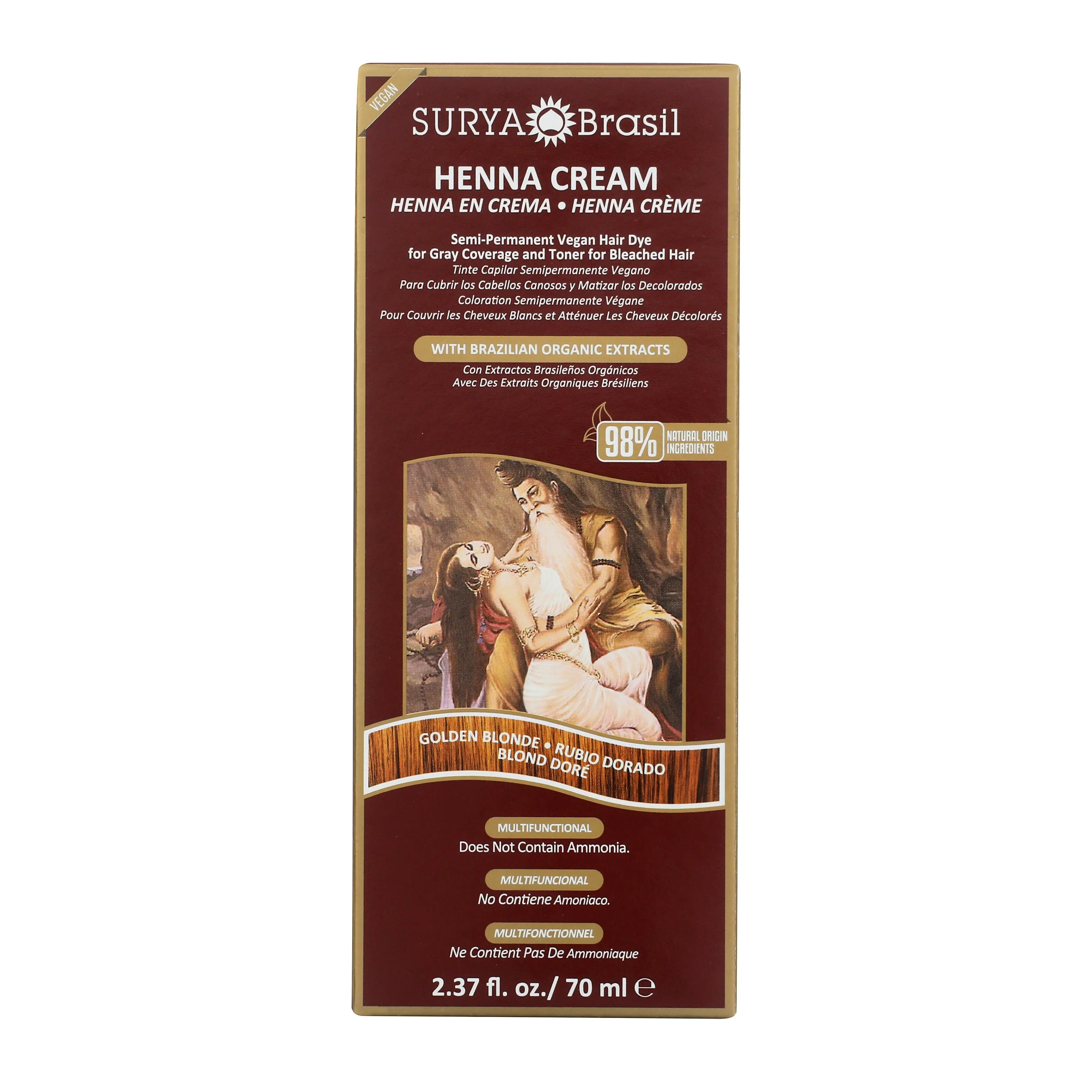 Surya Brasil Henna Cream Golden Blonde - 98% Natural Ingredients, Vegan, Cruelty-Free, Eco-Friendly, Semi-Permanent Hair Color, Deep Hydration & Shine, 2.37 oz