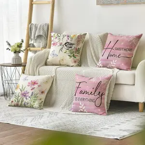 Floral & Letter Pattern Cushion Cover, 4 Counts/set Square Throw Pillow Cover, Household Decoration Supplies for Home Living Room Sofa Couch