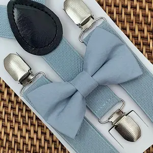 Dusty Blue Bow Tie & Elastic Dusty Blue Suspenders Set
