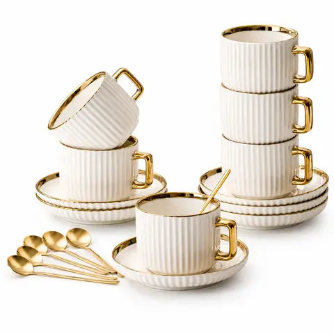 Stylish BPA-Free Porcelain Cup & Saucer Set (6 Cups+Saucers+Spoons) - 18-Piece 10oz/300ml With Handle Drinkware, Modern Vertical 3D Stripe Texture, Glossy Jade Finish, Home Coffee Table Use, Ideal Gift in Gift Box