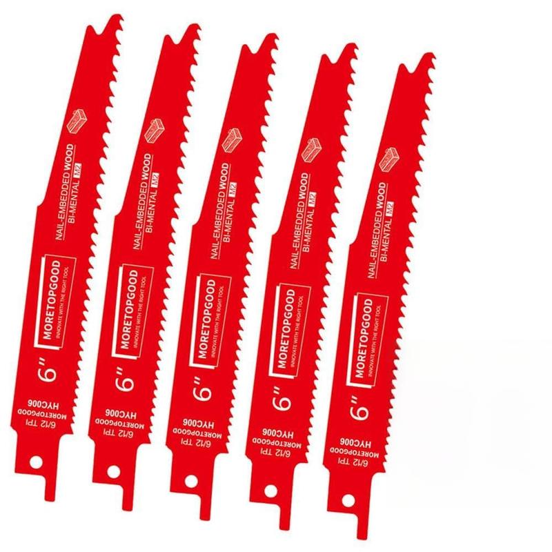 MORETOPGOOD 5pcs Bi-Metal Reciprocating Saw Blades with Storage Box, 6-Inch/9-Inch 6/12 TPI Universal Shank, Thick 0.05-Inch Low Vibration Durable in Use Blades for Nail-Embedded Wood, Pallet Cutting