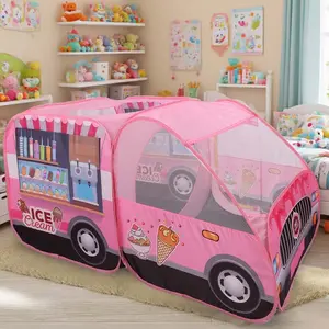Bus Theme Dual Car Interactive Play Tent, Foldable Indoor Outdoor Game House, Open Top Design, Dessert Ice Cream Truck Theme, Outdoor Playhouse
