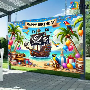 2D Flat Banner Wall Decor 1pc - Pirate Happy Birthday Theme Background Cloth, a party decoration item that creates a joyful and adventurous atmosphere, ideal as a birthday gift for friends, family, and colleagues. It's also suitable for party decorations,