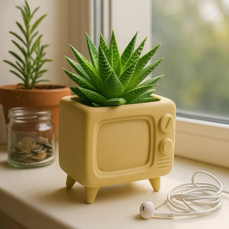 Retro TV Mini Planter 4 Inch 3D Printed Succulent Pot with Unique Shape & Modern Matte Finish Perfect for Desks Windowsills or Shelves