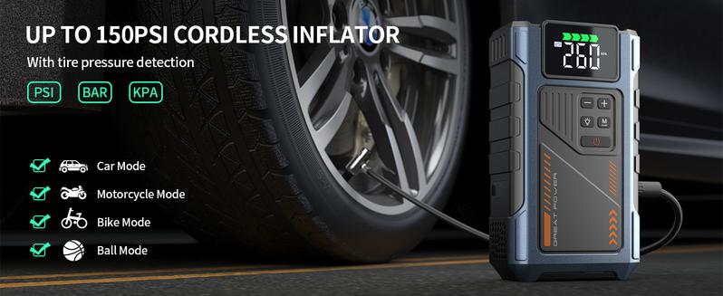 Car Battery Charger Jump Starter with Air Compressor, 3000A Jumper Box for Car Battery Portable Booster Jump Pack, 12V Jumpstart Combo 150PSI Car Tire Inflator Air Pump(Up to 8.0L Gas/6.5L Diesel) Vehicle