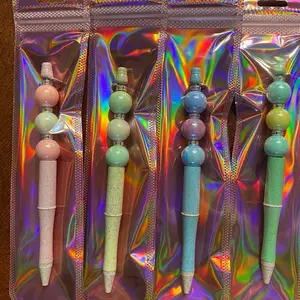 Beaded Decorative Pens - Colorful Bead Designs in Holographic Packaging Set of Four Pens with Pink Blue Green and Light Purple Beads Perfect for Writing and Gifting