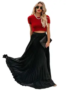 【New Arrival】Ebossy Women's High Waist Flowy Pleated Chiffon Maxi Black Skirt - Casual Loose Fitted, Elastic Waist, Two Side Pockets, Summer Fall Winter Wear, Basic Minimalist Design