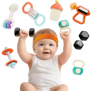 Baby First Gym Rattle Set, Infant Dumbbell Weights Teething Rattles 3-6-12 Month, Newborn Workout Sensory Stroller Toy, Babies Birthday Shower Gift 5 7 8 9 10 Month Toddler Boy Girl-7PCS