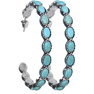 Western Earrings Boho Turquoise Oval Drop Dangle Earrings for Women Beaded Western Flower Teardrop Earrings Vintage Ethnic Alloy Pendant Jewelry Gift