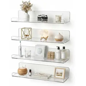 4-Pack Clear Acrylic Floating Shelves, Space-Saving Invisible Wall Shelves for Bathroom Kitchen Office Living Room, Modern Decor Set