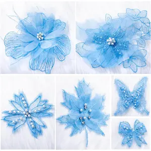 6 count  Flower Lace Embroidery Butterflies Appliques  Patches for Repairing and Decorating, Sewing Craft Clothing Jeans Jackets Bags (Blue)