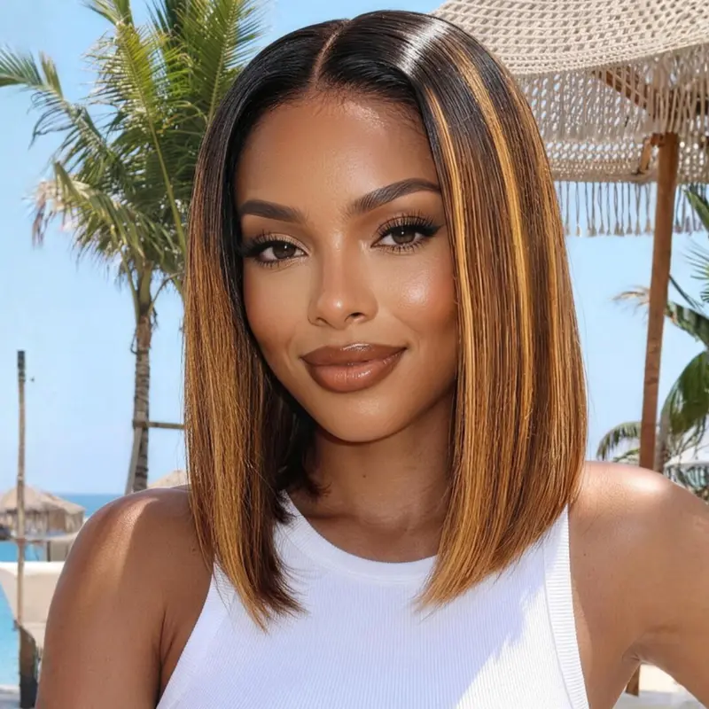 UNice Glueless Frontal Wig - 7x5 HD Lace Front Wig Human Hair, 10-14 Inch Pre Bleached Straight Short Bob, Brown Piano Highlights with Dark Roots, Invisible Knots, Ready-to-Go for Female Beginners