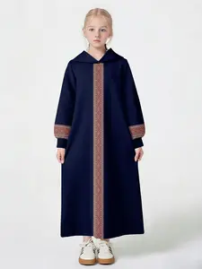 Girls Muslim Hooded Abaya, Vintage Ethnic Style, Loose Fit Long Robe, All over Print, Casual H-Type, Long Sleeve, All Seasons