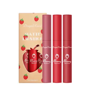 Strawberry Pattern Lip Gloss Set, 3 Counts/set Long Lasting Matte Lipstick, Moisturizing Lip Glaze, Suitable for All Occasions Lip Makeup, Cosmetic