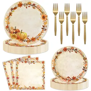 96 Pieces Fall Plates and Napkins Thanksgiving Party Supplies, Watercolor Pumpkin Autumn Leaves Disposable Tableware with Paper Plates Napkins and Forks for Thanksgiving Harves Party Decor