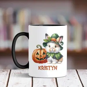 Personalized Halloween Bunny Mug  Custom Name Fall Coffee Cup with Witch Hat & Pumpkin  Halloween Gift for Kids, Girls, Bunny Lovers T8D6L5