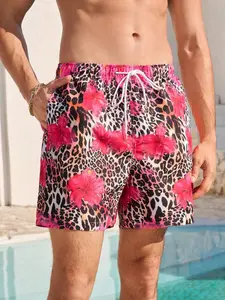 [KAITLIN] Men's Summer Vacation Leopard & Floral Print Drawstring Waist Beach Shorts Men's Leopard Swim Trunks Men Cheetah Shorts Pink Men Swim Trunk Men Cheetah Print Swim Trunks