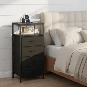 Nightstand with Charging Station, Bedside Table with 4 Fabric Drawers, USB/Type-C Ports & Outlets, LED Light Strip, Adjustable Feet ，2 Colors