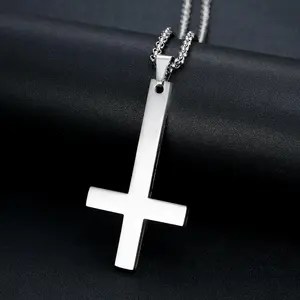 Stainless Steel Inverted Cross Necklace, Unisex St. Peter Cross Pendant, Trendy Jewelry