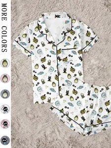 Healing Forest Spirit，Coastal Girl & Fish，Magical Girl & Black Cat，Mysterious Faceless Deity ，Women's Pajama Set, Comfortable Two-Piece Sleepwear, Short Sleeve Button-Up Top & Elastic Shorts, Casual Home Wear, Party Gift