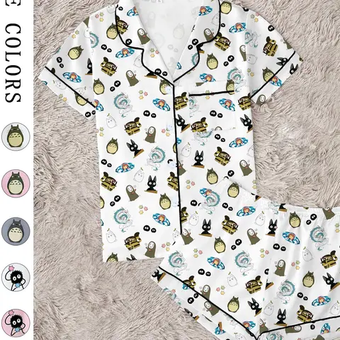 Healing Forest Spirit, Coastal Girl & Fish, Magical Girl & Black Cat, Women's Collared Pajama Set Prints, Comfortable Two-Piece Sleepwear, Short Sleeve Button-Up Top & Elastic Shorts, Casual Home Wear, Party Gift, Home Wear Loungewear