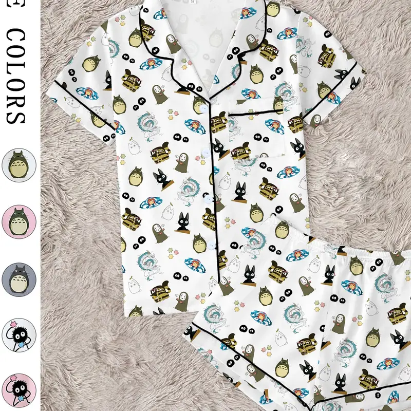 Healing Forest Spirit, Coastal Girl & Fish, Magical Girl & Black Cat, Women's Collared Pajama Set Prints, Comfortable Two-Piece Sleepwear, Short Sleeve Button-Up Top & Elastic Shorts, Casual Home Wear, Party Gift, Home Wear Loungewear