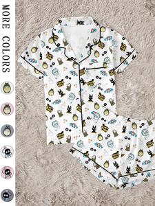 Healing Forest Spirit，Coastal Girl & Fish，Magical Girl & Black Cat，Mysterious Faceless Deity ，Women's Pajama Set, Comfortable Two-Piece Sleepwear, Short Sleeve Button-Up Top & Elastic Shorts, Casual Home Wear, Party Gift