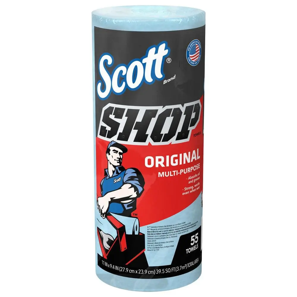 Scott Original Blue Shop Paper Towel Roll (55 sheets per Roll),shop paper towels,2x more durable when wet,grease cleanup,oil spill cleanup,liquid spill cleanup,perforated sheets,fits standard dispensers,garage,workshop,automotive tools,DIY cleaning,truck