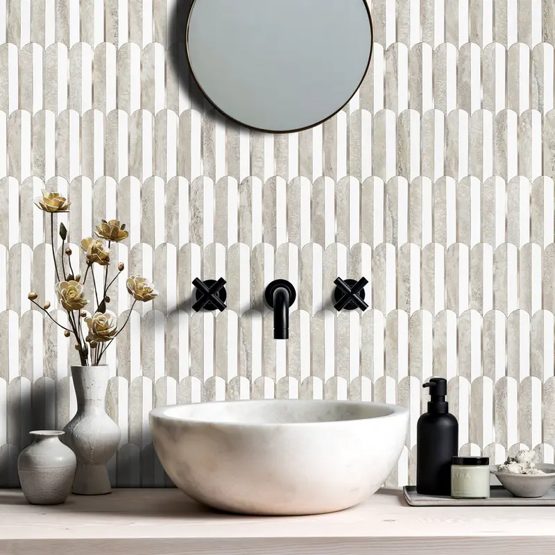 Vamos Tile 10pcs Peel and Stick Backsplash Seamless Tile for Kitchen and Bathroom, Self Adhesive Fish Scale Metal Mosaic Tiles - White and Beige Slate Vinyl Oval
