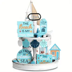 Summer Beach Tiered Tray Decoration, 1 Set Wooden Signs, Rustic Farmhouse Tiered Tray Table Decorations for Home Party, Ornaments