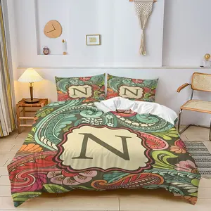 Teal Pink Orange Paisley Floral Letter N-Z Scalloped Frame Duvet Cover Set, Boho Bedding Set with Zipper Closure, Soft Breathable Quilt Cover for Bedroom, Modern Home Decor, Comforter Cover Set (1* Quilt Cover + 1/2* Pillowcases, No Filling）