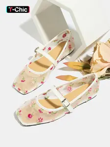 Women's Mary Jane Shoes Summer 2026, Breathable Mesh Low Heel Netted Ballet Flats, Square Toe Casual Outdoor Dance Shoes