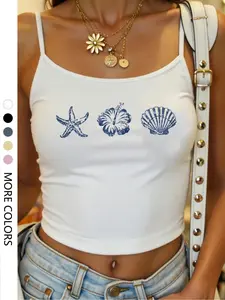 Women's Starfish Shell Print Tight-Fitting Tank Top, Casual Sleeveless Graphic Crop Design, Summer Homewear for Ages 13-65+, Womenswear