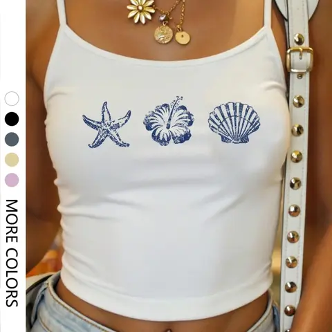 Women's Starfish Shell Print Tight-Fitting Tank Top, Camisole Tank Tops, Casual Sleeveless Graphic Crop Design, Fitted Sleeveless Design, Casual Sleeveless Cropped, Summer Homewear for Ages 13-65+, Womenswear