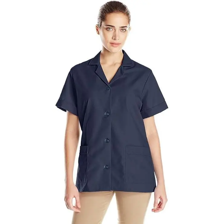 Red Kap Women's Lady Basic Button-Front Workwear Tunic Blouse Uniform - Navy, Large Tall, Wrinkle-Resistant, Loose-Fitting Smock, Flattering Fit, Functional Pockets, Soft Cotton-Polyester Women's Clothes Top, Uniforms, Collared Neck, Mid-Length, Minimal I