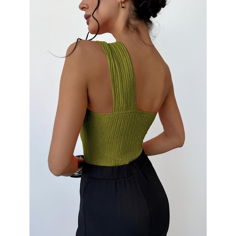 Elegance One Shoulder Twist Front Blouse, Lime Green - Sleeveless, Ribbed Knit, Women's Slim Fit Design - Ideal for Holidays and Parties, Machine Washable Elegance One Shoulder Twist Front Blouse, Lime Green - Sleeveless, Ribbed Knit, Women's Slim Fit Design - Ideal for Holidays and Parties, Machine Washable