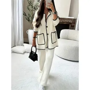 Women'S Elegant Two-Piece Set  Contrast Trim Long Sleeve Cardigan with Dual Pockets and Matching Pants, Versatile for Any Occasion Clothes Suits Baggy Casual Womenswear Comfort Gamis Loose Oversize White Winter