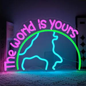 The World is Yours Neon Sign for Wall Decor Dimmable Earth Led Lights Signs Letters Neon Light for Room Decor Office Game Room Man Cave kKids Bedroom Graduation Party Decor Birthday Gift