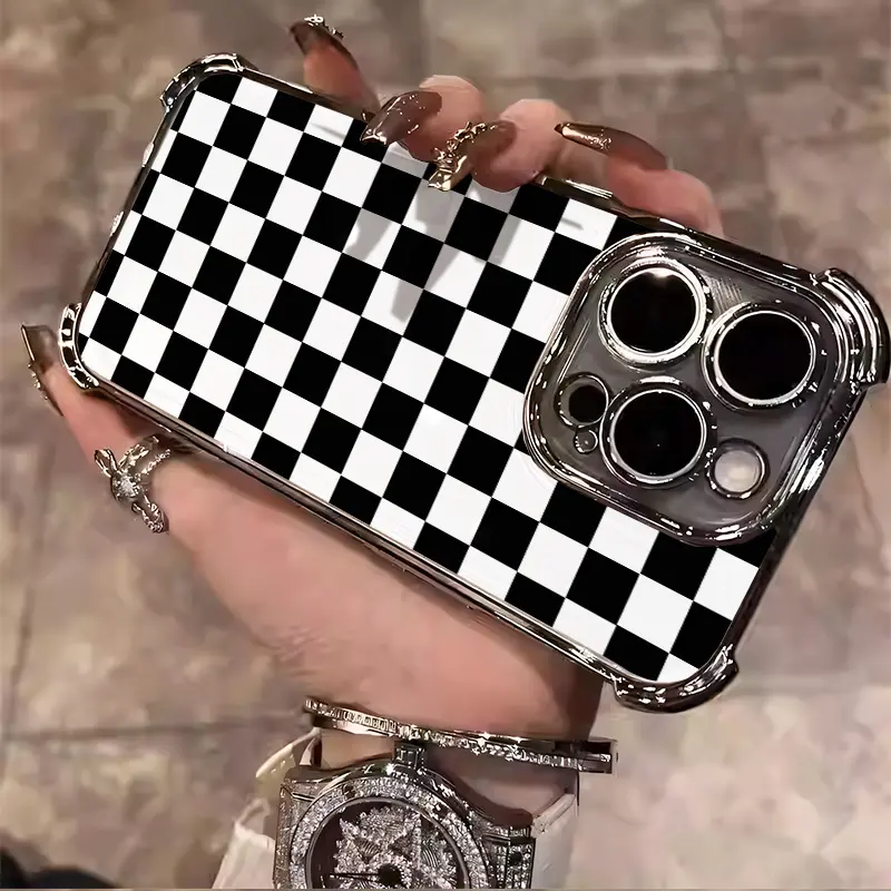 Limited Edition Casual Checkerboard Pattern Electroplated Phone Case - Anti-Drop Airbag Shockproof Soft TPU Cover for iPhone 11-17 Pro Max Plus Air, Samsung S22-S26 Mobile Devices & Accessories