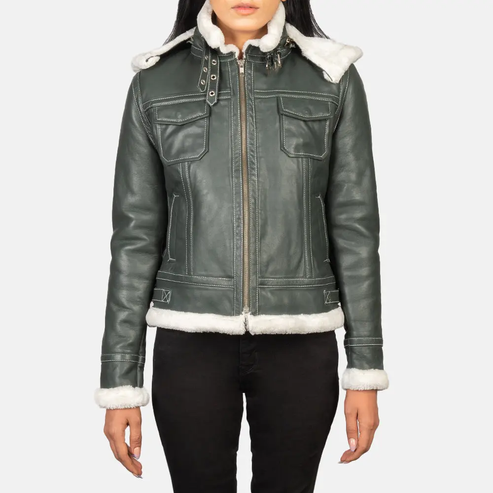 Fiona Green-White Hooded Shearling Leather Jacket