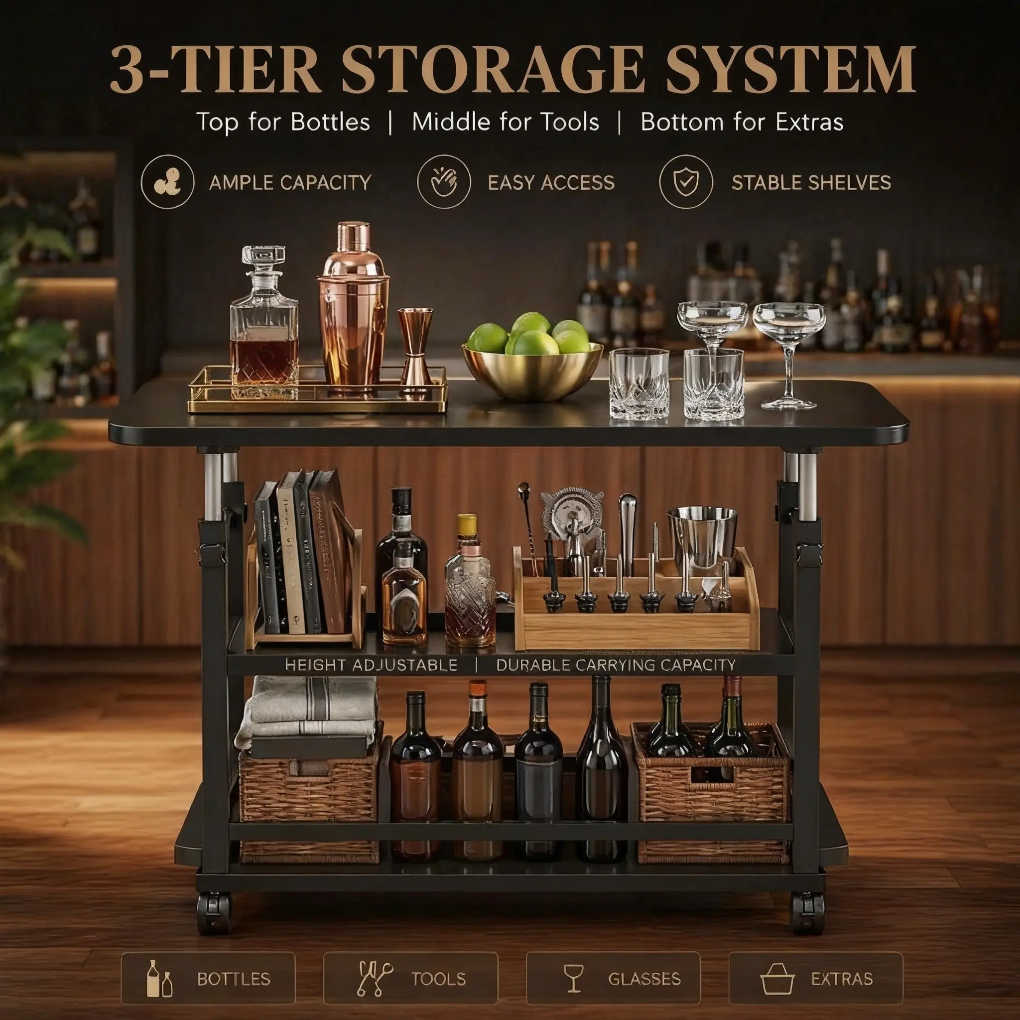 High-end Mobile Bar Cart, Home Bar Liquor Rack Cart, Liquor Display Rack and Workbench, Height-adjustable Coffee and Syrup Storage Rack, Home Bar Storage Rack, Suitable for Bars, Kitchens, and Restaurants, Professional Bartending Accessories.