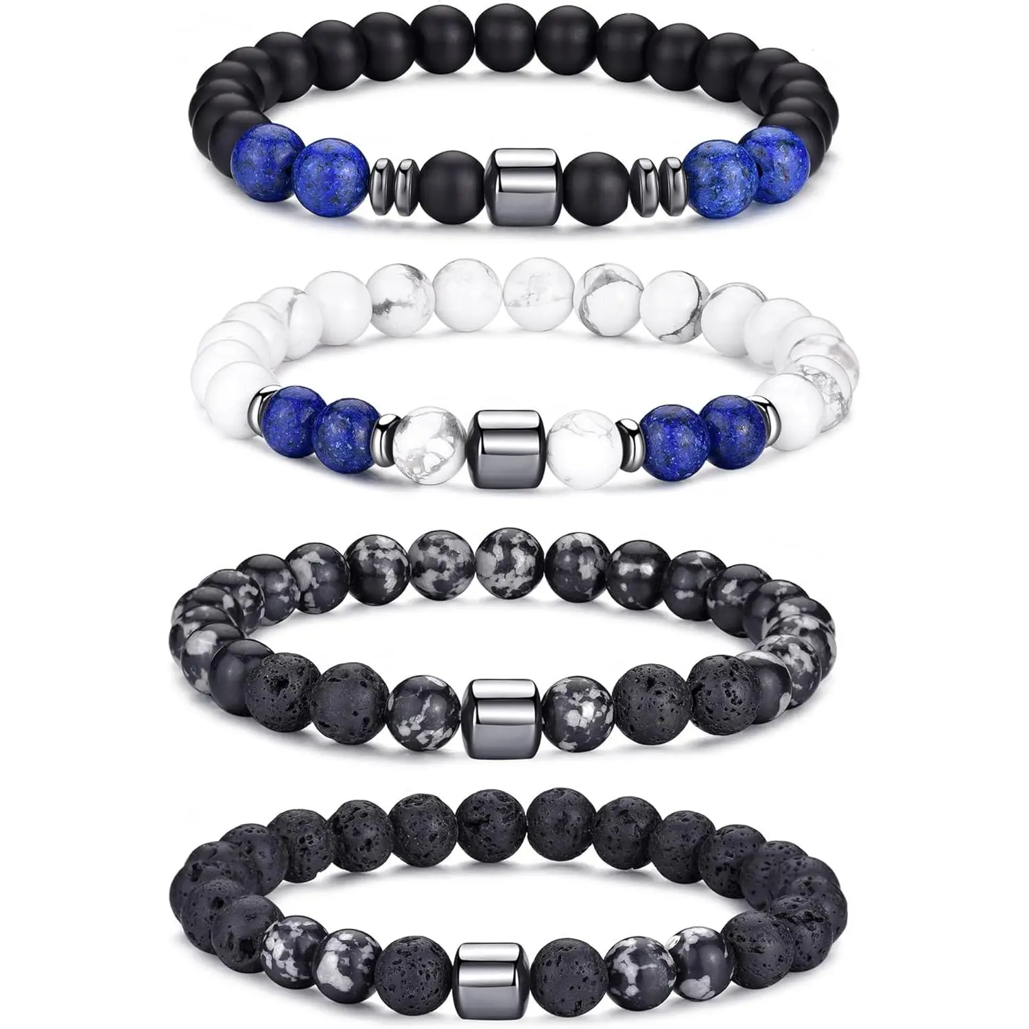4,black,gray,lava rock,white bracelet