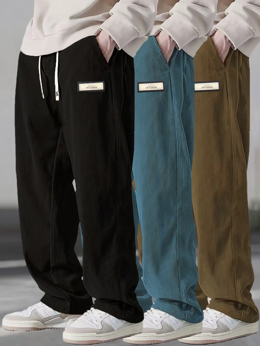 Men's Plain Casual Loose Corduroy Drawstring Fit Wide-Leg Jogger Pants, Comfortable Street-Hip-Hop Style, Ideal Gift for Boyfriend, Available in Black, Blue, Coffee Brown