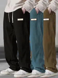 Men's Solid Color Casual Corduroy Pants, Loose and Comfortable Street Style, Perfect Gift for Boyfriend, Solid Wide-Leg Design, Showcasing Trendy Hip-Hop Style. drawstring waist jogger pant Black Menswear sweatpants men pants men Black+Blue+Coffee Brown