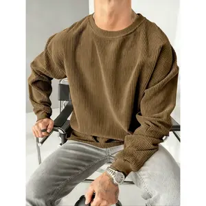 Men's Corduroy Crew Neck Sweatshirt, Thick Warm Solid Color, Casual Loose Fit, Multi-Functional Travel Style, Polyester Fabric, Long SleeveGift