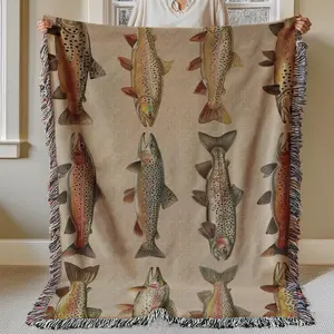 Woven Lake House Blanket with Rainbow Trout Design - Great Lakes Fishing Themed Gift for Dads, Husbands (Cabin & Fly Fishing Use)