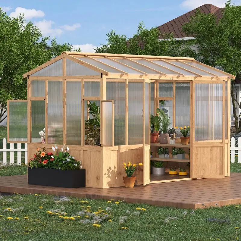 8x12 ft Wooden Greenhouse for Outdoor - Heavy Duty Walk-in Green House Kit with 6 mm Polycarbonate, Ventilated Window & Lockable Door for Backyard, Patio, Lawn