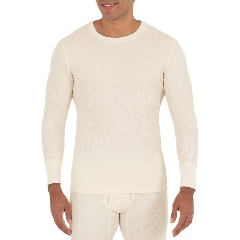 Men's Long Recycled Waffle Fabric Thermal Underwear Crew Top - Menswear, Workwear, Outdoor Use (1-Pack, 2-Packs Options)