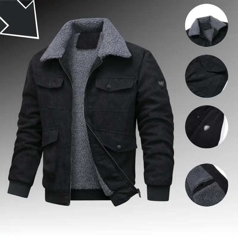Men’s corduroy jacket with thickened fleece collar for autumn/winter warmth, faux fleece lining, multi-pocket workwear design, ribbed cuffs, versatile cotton outerwear available in three colors for business casual wear.